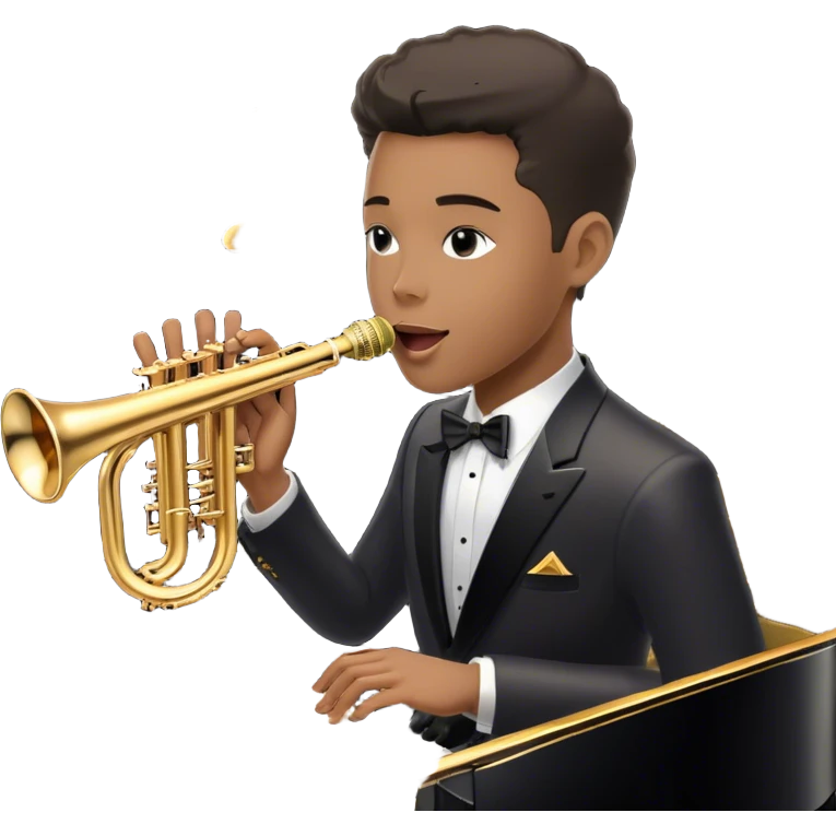 Create an elegant and vintage-inspired emoji representing jazz vocal performance with a classic jazz microphone, a grand piano, and a Selmer Model 19 trumpet resting on top of the piano. The design should feature a sleek, vintage microphone (like those from the 1940s) with a glossy, metallic finish. The piano should be depicted with a shiny black finish, and the trumpet should have a polished, golden look, resting gracefully on the piano keys. Add subtle musical notes or a soft soundwave to suggest the flow of music. Use rich, deep colors like gold, black, and silver to evoke the timeless, classy vibe of jazz. The background should be transparent. emoji