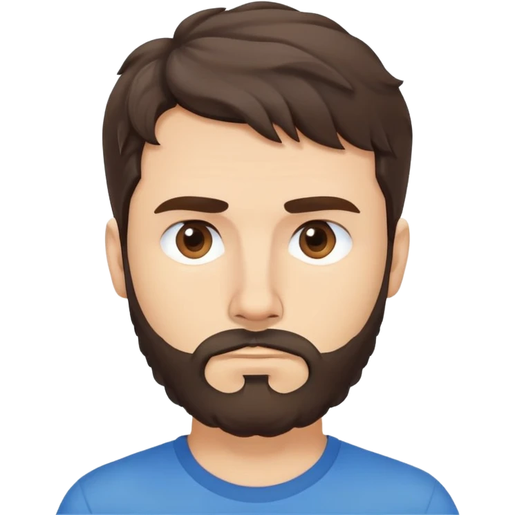 Caucasian Argentine man with wavy dark brown hair, longer loose hairstyle with wavy bangs, short full beard, serious-neutral expression, basic blue t-shirt emoji