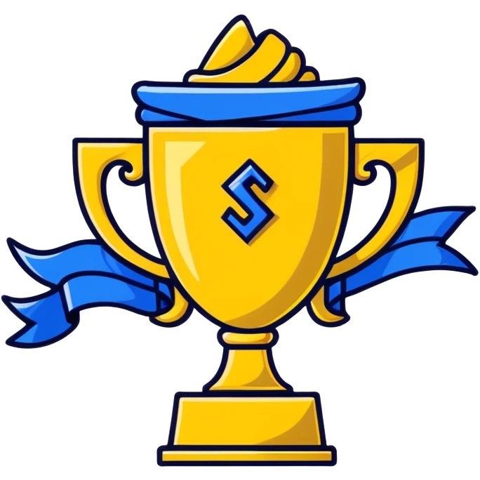 golden championship trophy with blue ribbons emoji