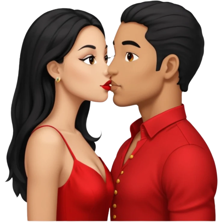 Mulatto bold guy kissing white woman with long black hair and red dress emoji