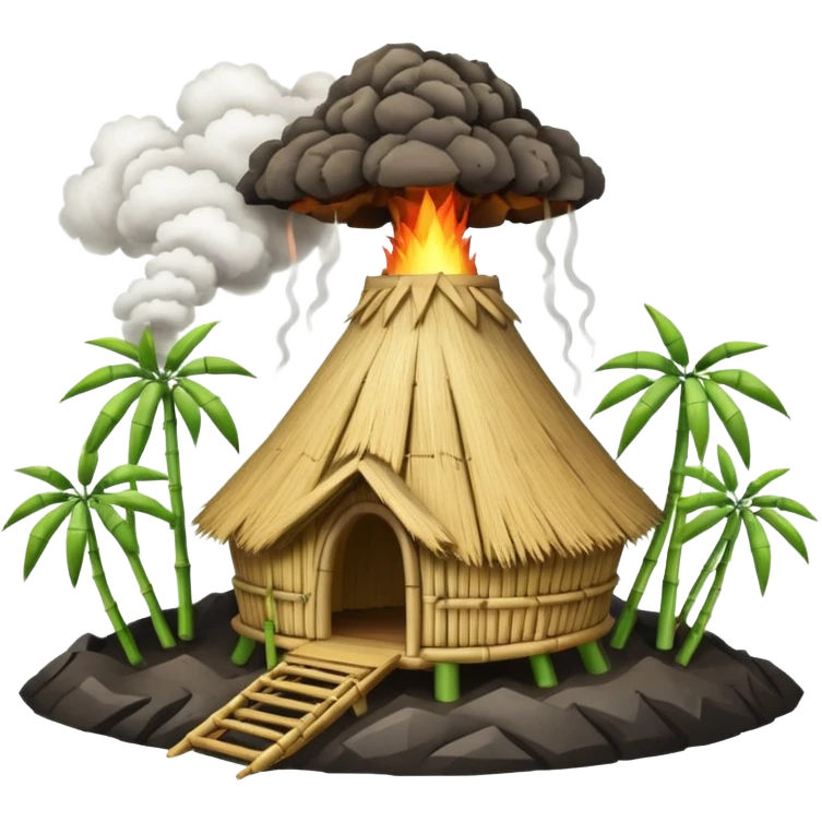 bamboo hut with volcano in the back in Volcano Island  emoji