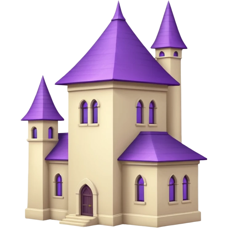 a single tall seclusion tower with large windows above, a purple roof and cream walls, and no entrance emoji