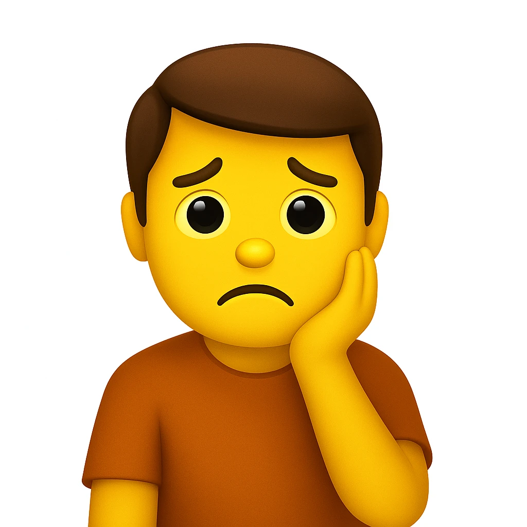 Create a sad person emoji in apple emoji style, looking disappointed because they don't have a website for their business. Match the pose, colors, and expression of the first person emoji in the reference image. No text or discount badge. The style should resemble apple emojis. emoji