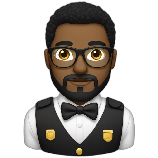 black soldier with beard, part in black hair, white collared shirt, bow tie, gold frame glasses, bulletproof vest  emoji