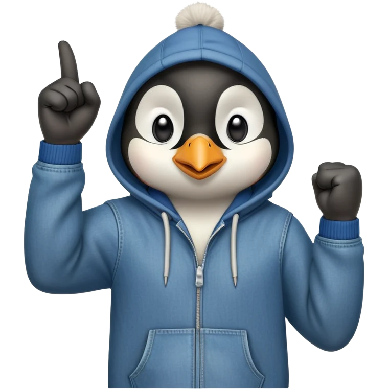 determined anthropomorphised penguin in a hoodie and jeans with fist raised, energetic pose emoji