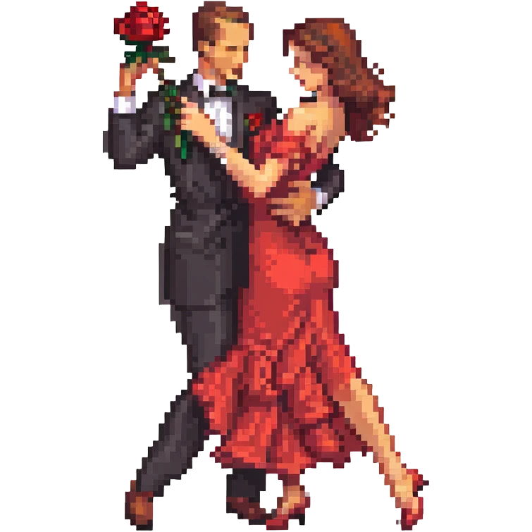 pixel art emoji of a couple dancing tango, man in black suit with red rose, woman in flowing red dress, one leg extended, close embrace, expressive, classic tango style, vibrant colors emoji