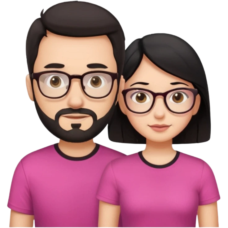chico con gafas y barba corta moreno al lado una chica pelo negro piel blanca y camiseta rosa ojos marrones emoji