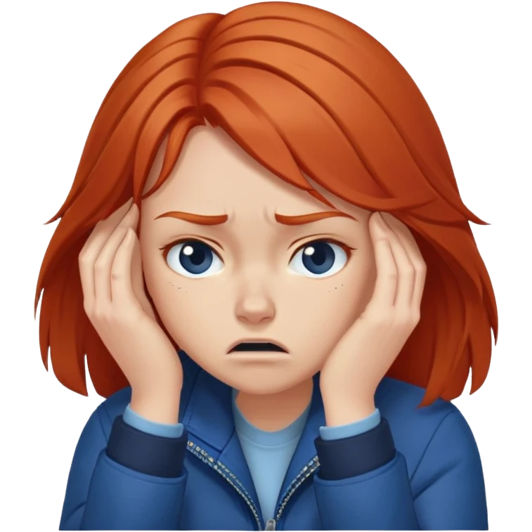 Redhead girl with mid length hair in blue jacket angry facepalm emoji