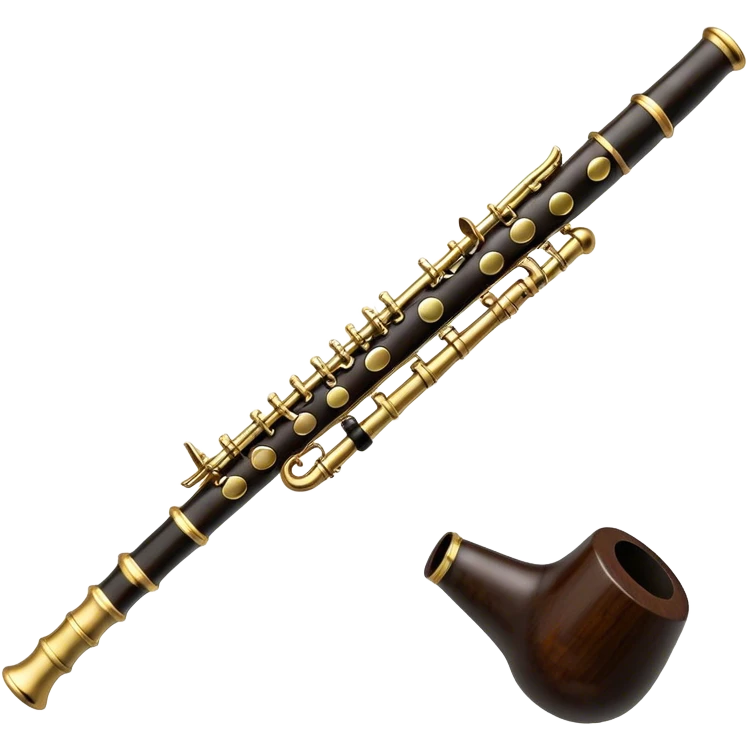 Create an elegant and detailed emoji depicting a black oboe with a cane. The design should showcase the smooth finish of the dark wood oboe with the metal keys clearly visible. A yellow thin bamboo cane should be carefully placed at the top of the instrument, emphasizing its important role in creating sound. Add subtle details such as silver or brass inserts on the keys to emphasize the high quality of the instrument. Use deep black, silver, and wood tones for the oboe to emphasize its refined appearance. The background should be transparent. emoji