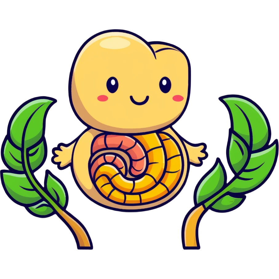 Cute simplified human digestive system with stomach and intestines, surrounded by golden wheat stalks and green leaves. Bright healing particles moving through the digestive tract emoji