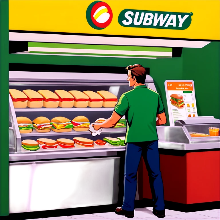 Man working at a subway making a sandwich in front of customer behind a counter  emoji