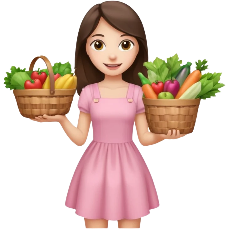 pretty smiling long brunette hair girl hazel eyes wearing light pink dress holding groceries emoji