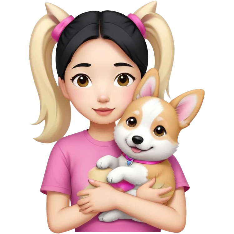 A Chinese girl with a black ponytail  hugs a white corgi wear on her pink t-shirt emoji