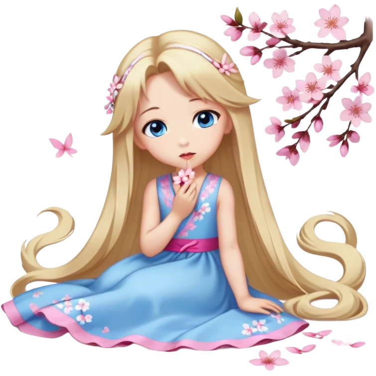 Girl with long blond hair and sakura accessories on her hair with a long tailed sakura dress on the ground and have blue eyes beautiful finish and she sending lovely kisses  emoji