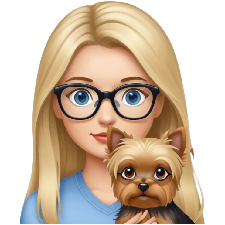 Photo Realistic Blonde balayage long hair women with blue eyes wearing glasses holding a Yorkshire terrier  emoji