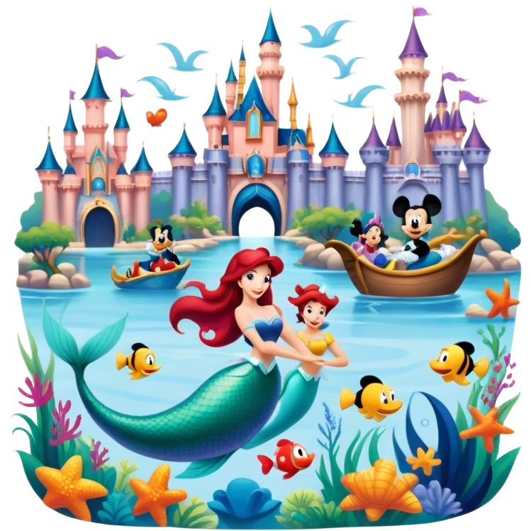 A vibrant collage featuring iconic characters like one Goofy, one Mickey Mouse, one Ariel the Little Mermaid, one Jasmine and one Franco. Each character should be large and bright, set against a cheerful and playful background with Disneyland. Transparent background. emoji