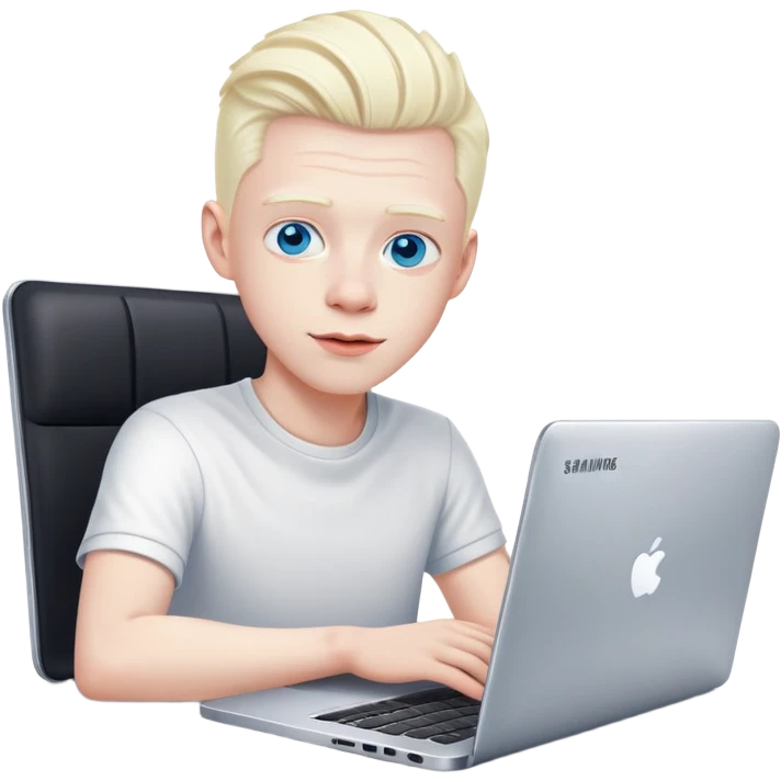 albino youtuber on samsung laptop with desk with blue eyes emoji