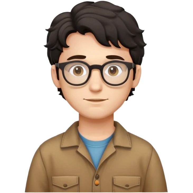 Young caucasian man with black wavy hair, round glasses, wearing brown carpenter outfit with shirt underneath emoji