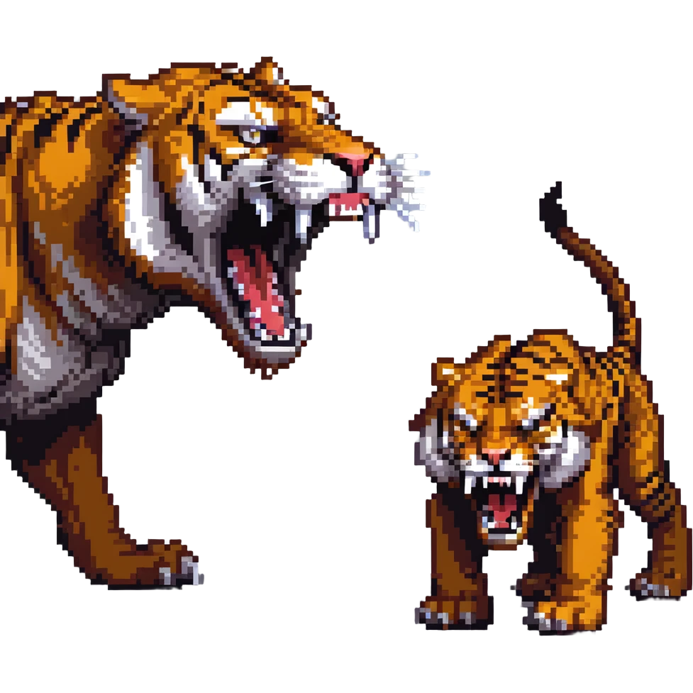 saber-toothed tiger with a miniature body and massive 8-inch-long canine teeth, extremely exaggerated fangs extending far from tiny head emoji