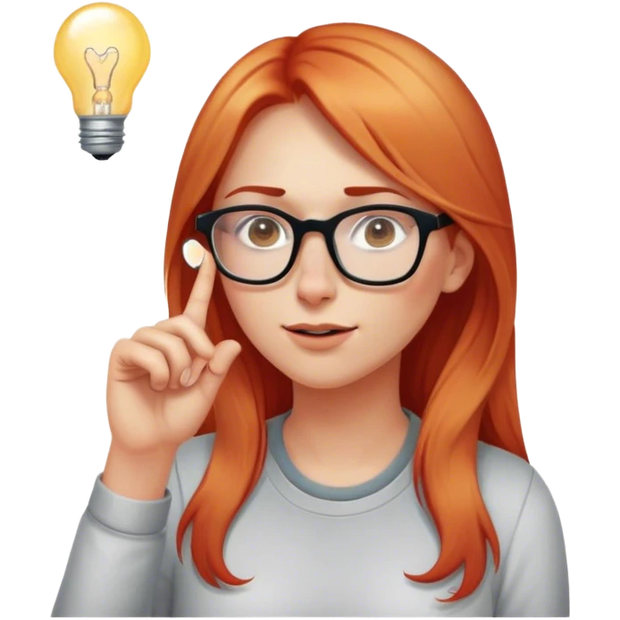 intelligent and clever, 30 year old, girl, long red and almost blond hair, glasses, has an idea, rubs her finger on the nose, light bulb over the head, casual cloth  emoji