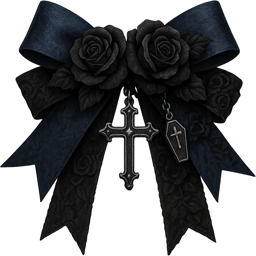 Edit the image to depict a blue gothic bow with layered ribbons, a cross pendant, black rose accents, and a tiny coffin charm. The background should be removed. Maintain a gothic style with layered textures and dark floral accents. emoji