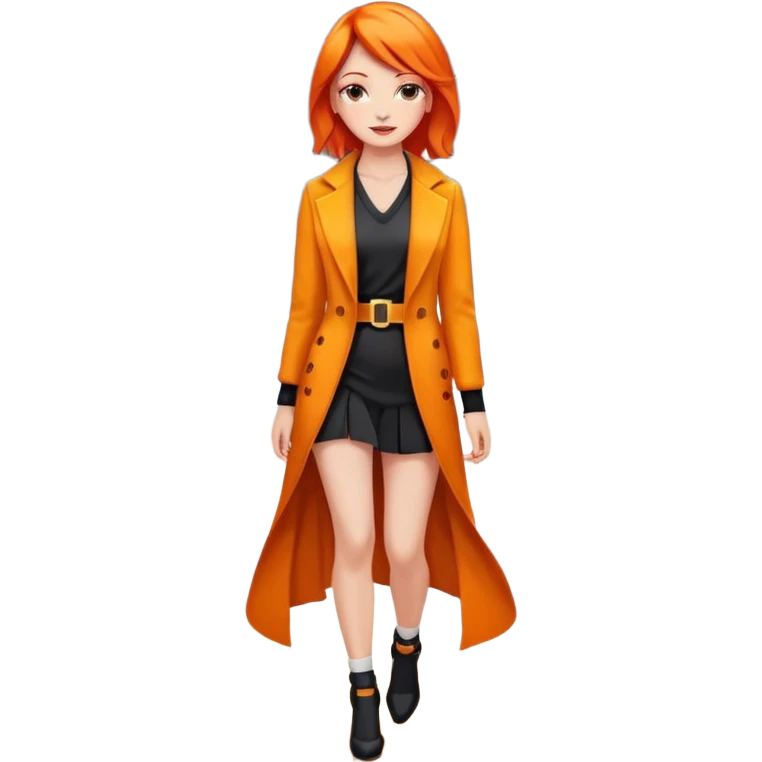 as un mujer de cabbelo anarangado con ropa bonita modelando en una pasarela emoji