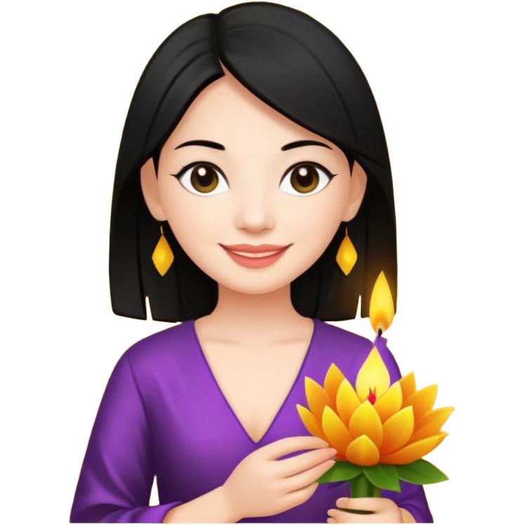 Emoji of a white woman with black hair holding a krathong emoji