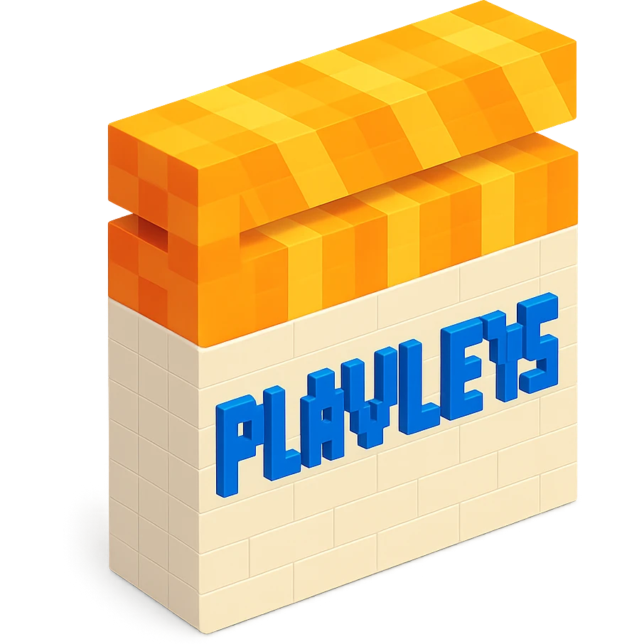 voxel style movie clapperboard with the text 'PLAVLEYS', orange lid, white body, isometric view emoji