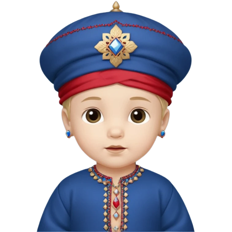  Caucasian baby boy dressed in a dark blue ghalibiya with delicate decorations with a Red Moracain hat  emoji