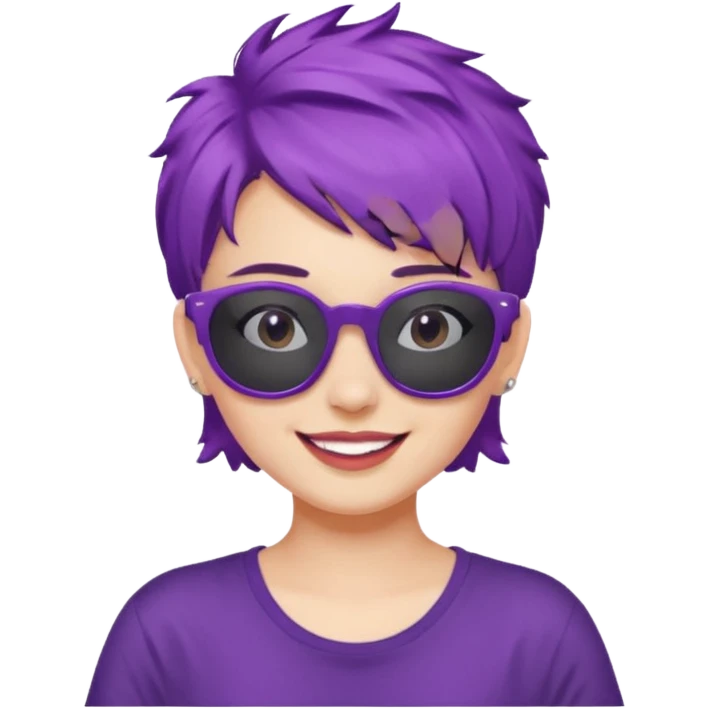 girl with short messy purple hair and sunglasses above head emoji