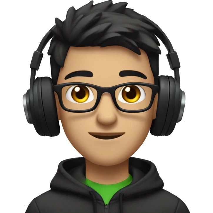 A young man with short dark hair, glasses, and black headphones. He's wearing a dark hoodie and has a focused expression. The background has a frosty white blur effect, with a green plant visible behind him. emoji
