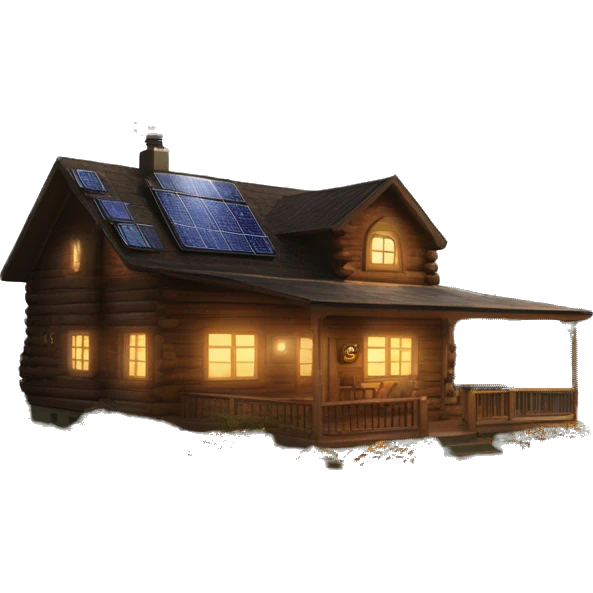 Skywalker Cabin is a clean Very big Wood Cabin near tree on the mountain in the background. The cabin is 5 stories tall with extensive solar arrays on top. The cabin sits on thick grass fields. porch lights on ,guests on porch smoking ,flowers and bushes  emoji