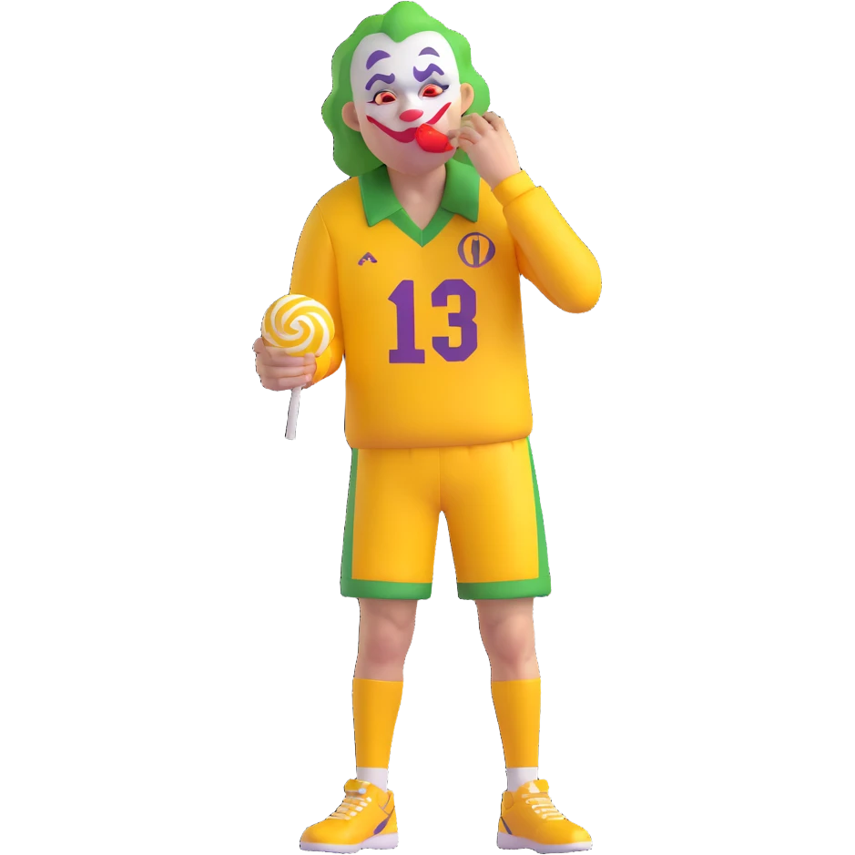very ugly joker in a yellow sports jersey, with tears streaming down his face, holding and eating a lollipop emoji