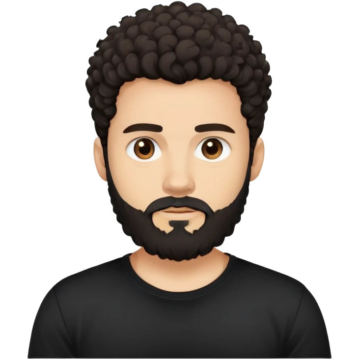 young man with light skin, thick curly dark hair, full beard, neutral expression, plain black t-shirt, front-facing, minimalistic, simplified features, clean lines, flat design emoji