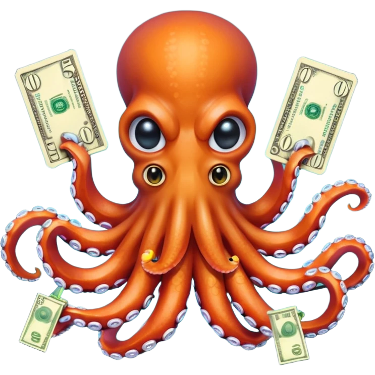 Intimidating octopus with pearl black skin, neon suction cups. Evil glaring eyes. Wearing a thick gold chain. 2 tentacles are holding their own cellphone, 2 more tentacles are holding stacks of money. emoji