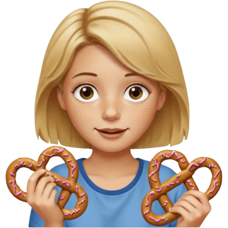 Short, center part, Dirty blond hair, fair skin with freckles,  holding pretzels and winking her eye emoji