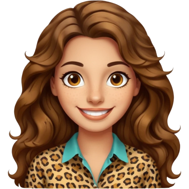 30 yr old italian woman, long brown wavy hair, big brown eyes, huge smile, leapord shirt, no bangs,  emoji