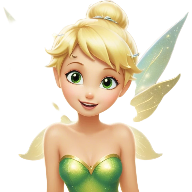 Cinematic Realistic Blonde Tinker Bell Fairy Portrait, head tilted dramatically with an exaggeratedly amused expression, featuring a striking, lively pixie form with radiant golden blonde hair and luminous, iridescent wings dusted with playful sparkles. Her expressive eyes brim with cheeky mischief, rendered with vibrant, lifelike textures and dynamic natural lighting that imbues the scene with an air of magical whimsy and over‐the‐top fairy fun. emoji