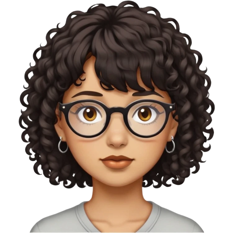 Light tan skin, woman/non-binary, piercings, deep brown eyes, curly very dark brown neck length hair with bangs. Glasses. Alternative.   emoji