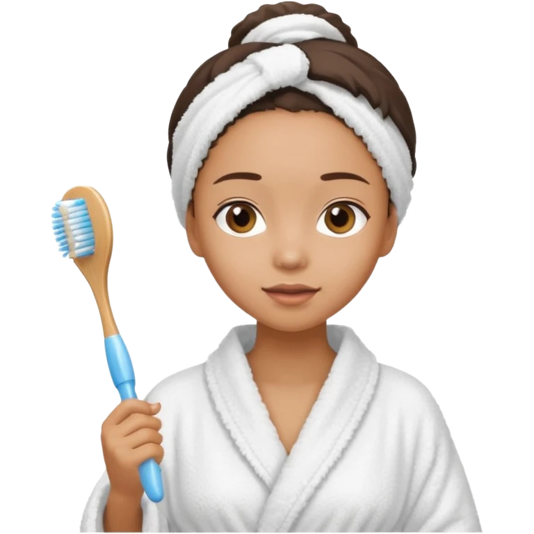 lightskin Women wearing shower robe and their hair with towel holding one brush emoji