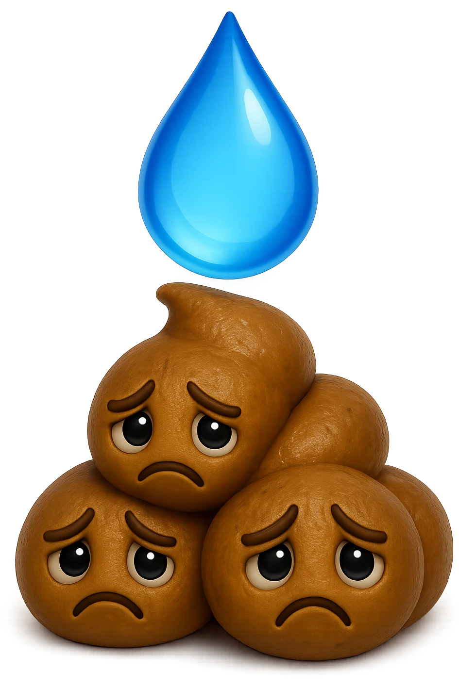 emoji stile iphone di una montagnetta di feci umane realistiche a palline tristi con sopra un simbolo delle gocce di acqua, iperrealistico 4k emoji