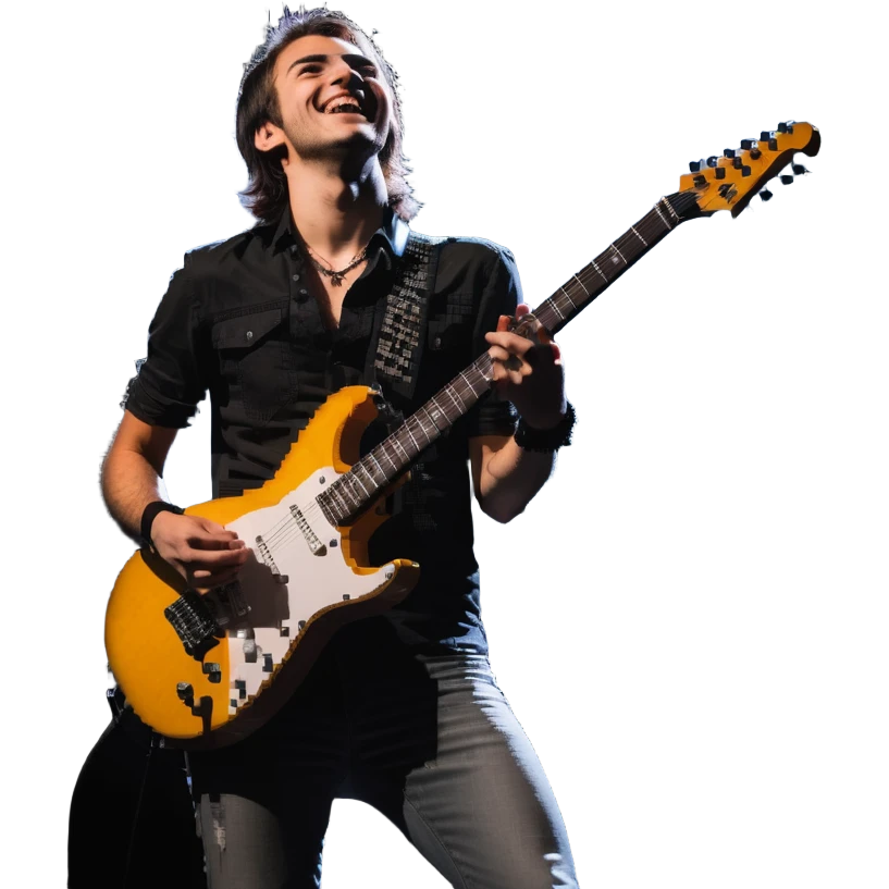 Rockstar musician with a confident smile looking up, electric guitar, stage lights, performing emoji