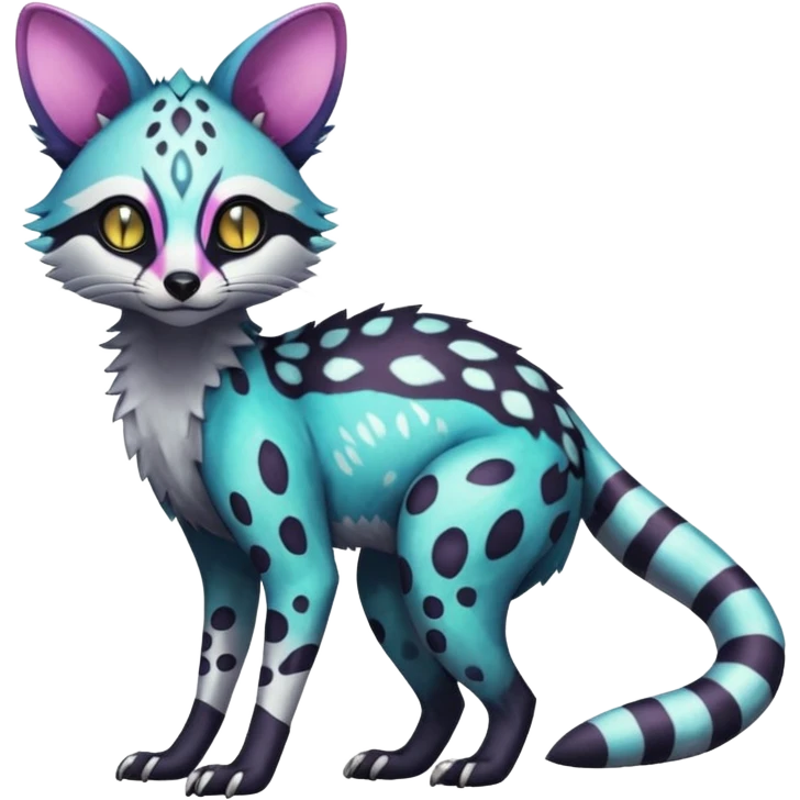Rare realistic shiny lush exotic cute edgy epic pretty futuristic beautiful handsome gorgeous aesthetic gloomy spooky dark modern colorful vibrant cyber-Genet-Trico-species-Fakemon-hybrid-creature by LiLaiRa, beautiful intricate markings, full body emoji
