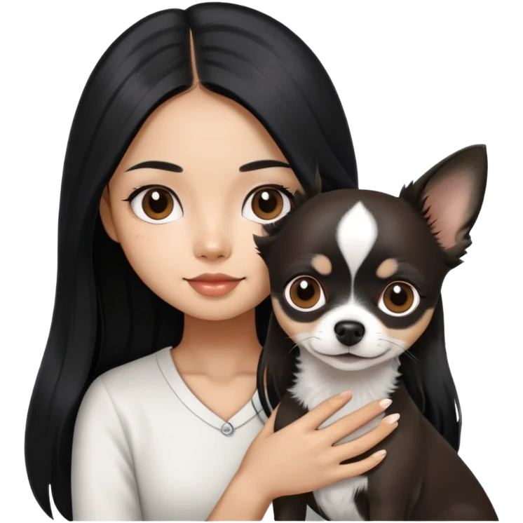 Thai girl with long black hair holding a black and white Chihuahua dog emoji