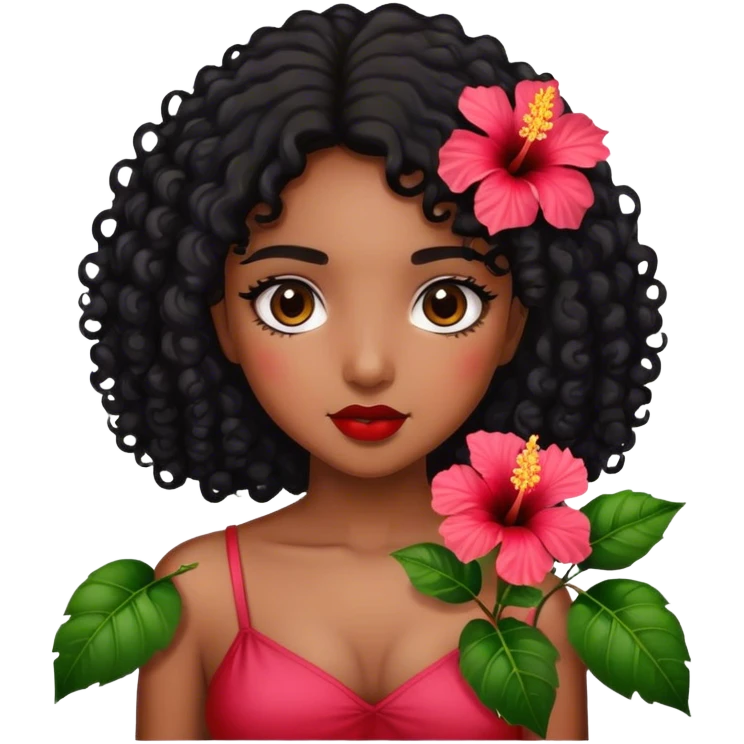 Girl with brown skin with black curly hair holding hibiscus flowers emoji