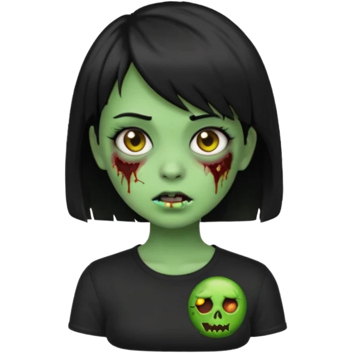 Emoji zombie girl verde com cabelo preto liso  curto com franja pro lado com uma blusa preta emoji