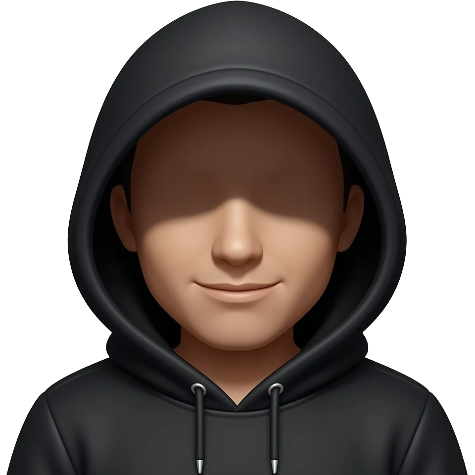 Black hoodie with entire face is hidden in shadow.  face showing only the light of the nose and a slight smirk on one side of her mouth emoji