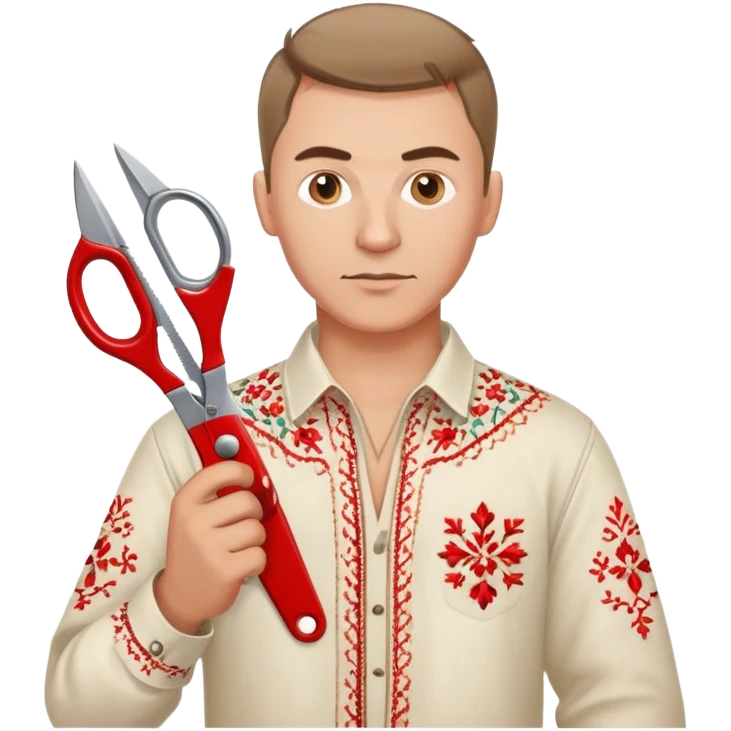 Ukrainian man in traditional vyshyvanka embroidered shirt holding red scissors in one hand and a spanner in the other hand emoji