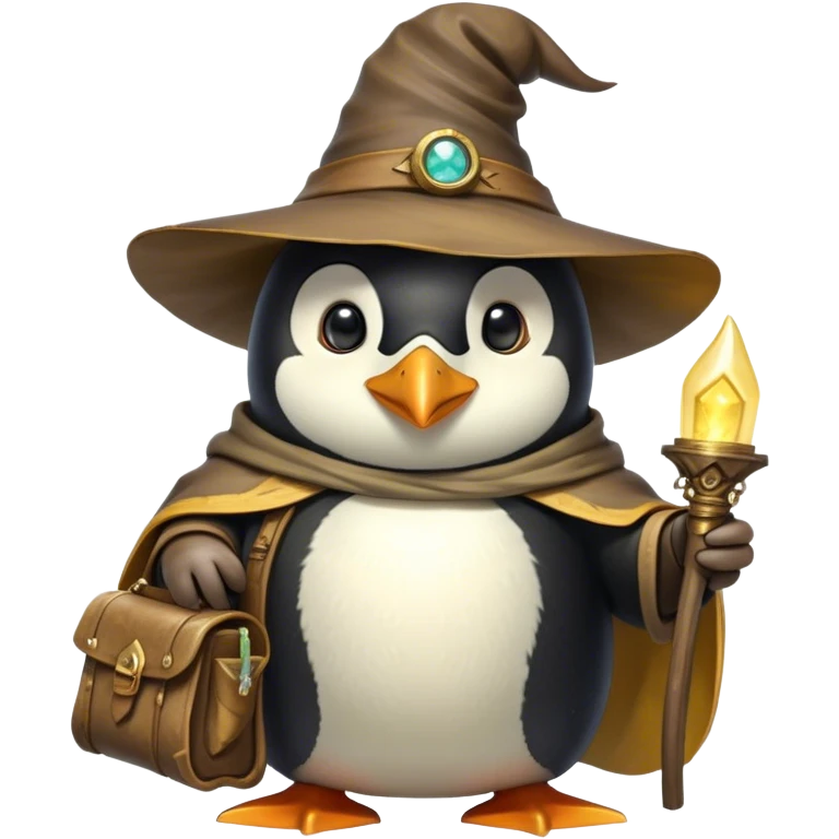 A wizard-explorer penguin inspired by Indiana Jones, wearing a weathered yellow enchanted hat and a flowing cape. It carries a leather satchel with ancient scrolls and holds a glowing magical relic. Cartoon-style, smooth shading, highly detailed, no background emoji