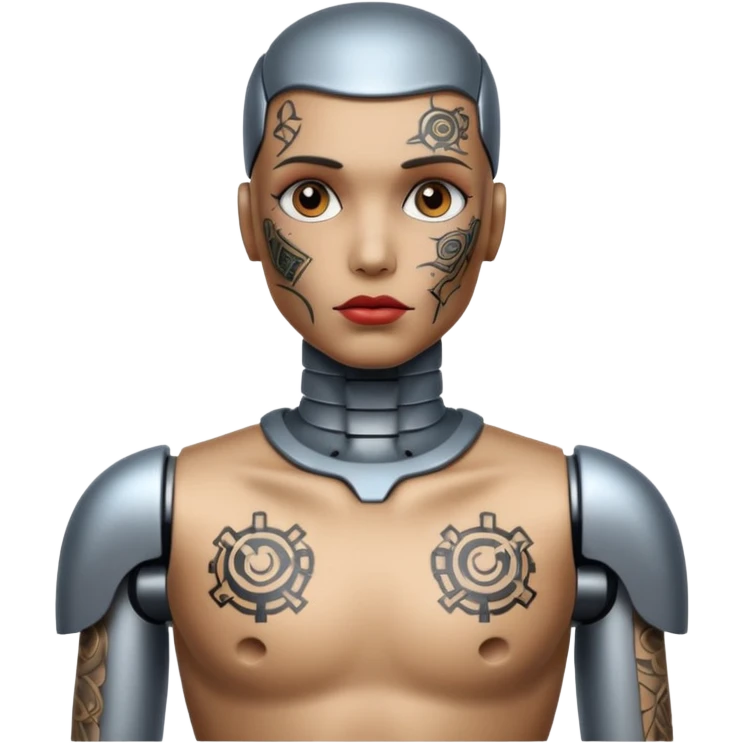 Tatooed robot, tatooes on chest, neck and face emoji